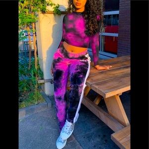 2pc Purple & Black Tie Dye Long Sleeve Crop Top & Pants W/White Strips Outfit